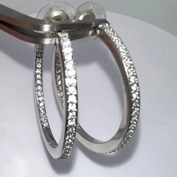 Swarovski Swan silver tone clear Austrian crystals hoop hoops post earrings - Picture 2 of 8